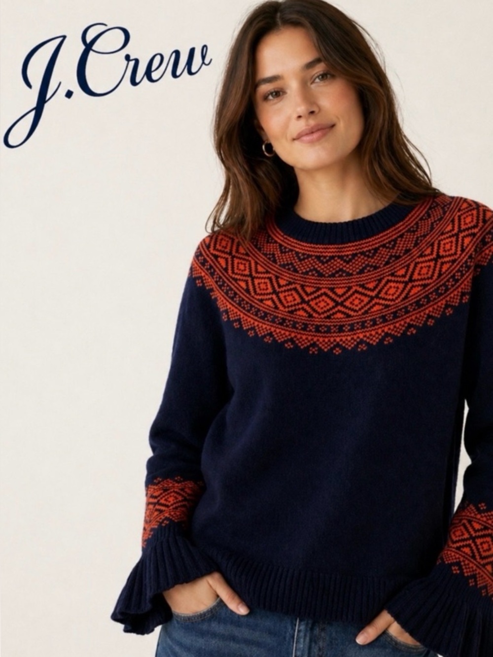 J. Crew merino wool blend sweater.
Fair Isle pattern & ruffle sleeves. Sz L.